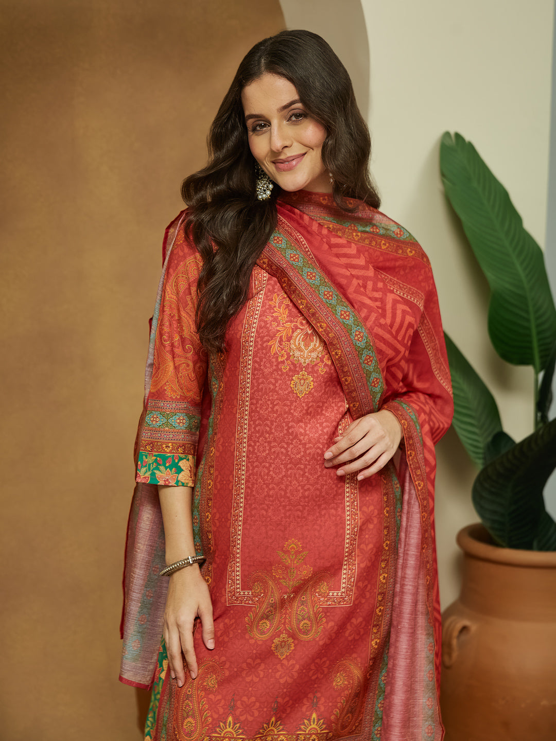 Janasya Women's Rust Cotton Blend Ethnic Motifs Printed Straight Kurta Set