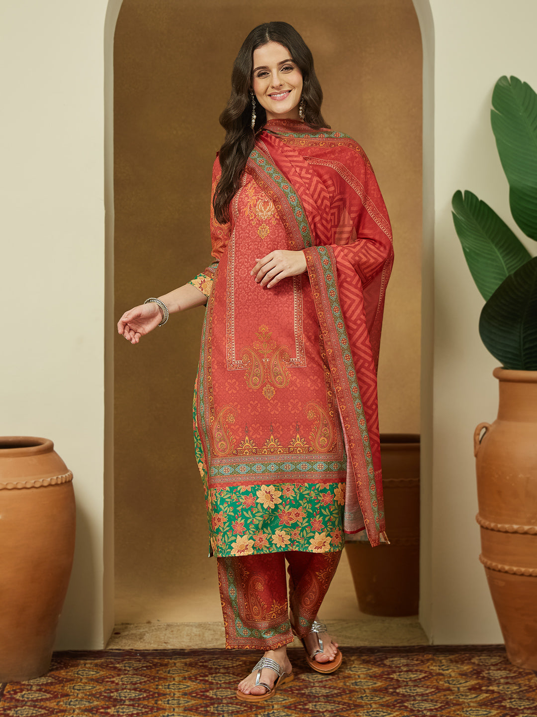 Janasya Women's Rust Cotton Blend Ethnic Motifs Printed Straight Kurta Set