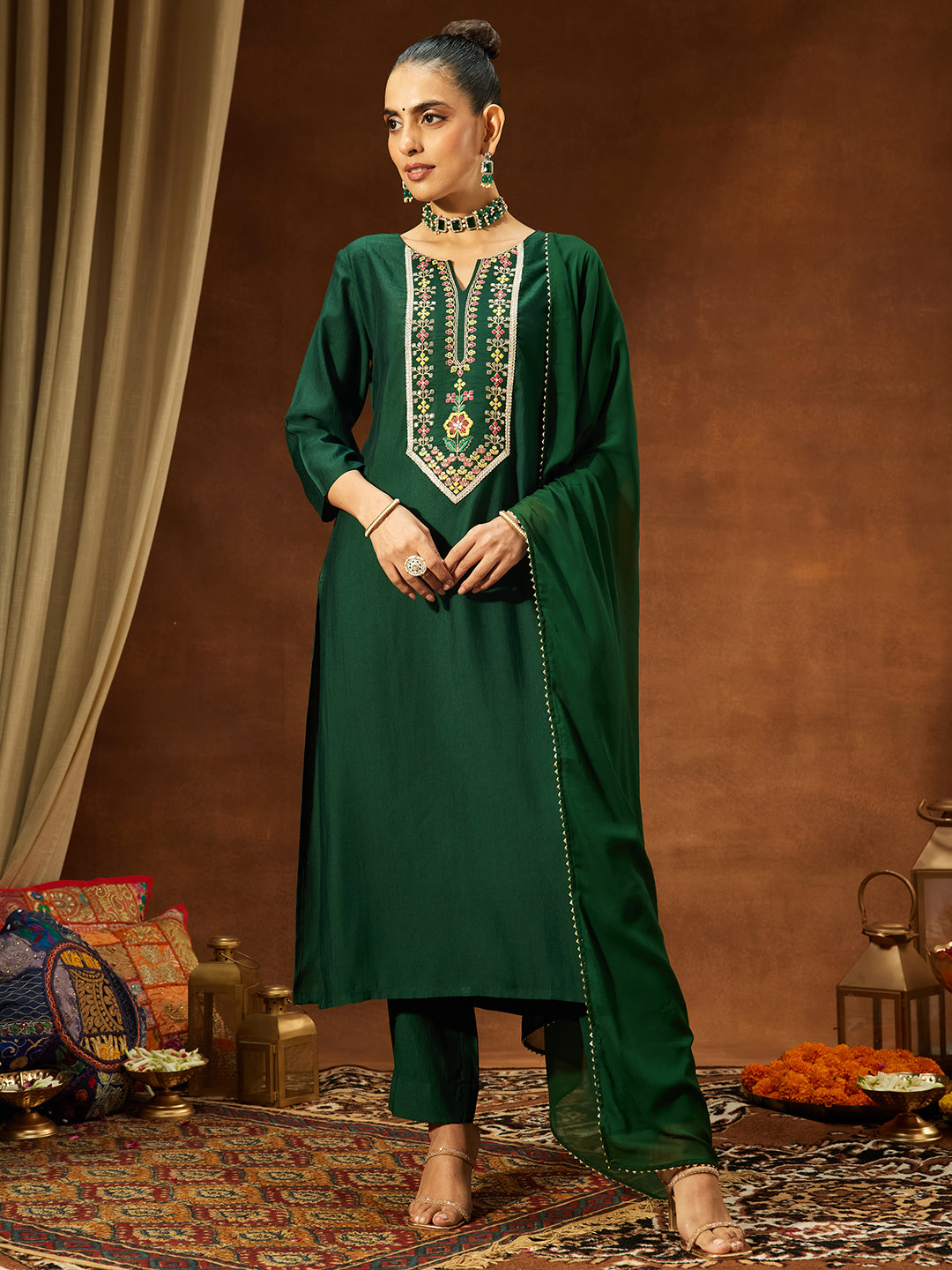 Janasya Women's Bottle Green Silk Blend Yoke Embroidered Straight Kurta Set