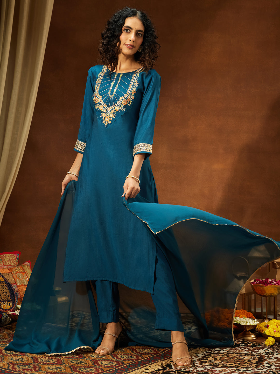 Janasya Women's Teal Blue Silk Blend Yoke Embroidered Straight Kurta Set