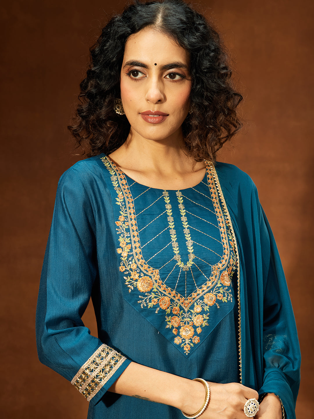 Janasya Women's Teal Blue Silk Blend Yoke Embroidered Straight Kurta Set