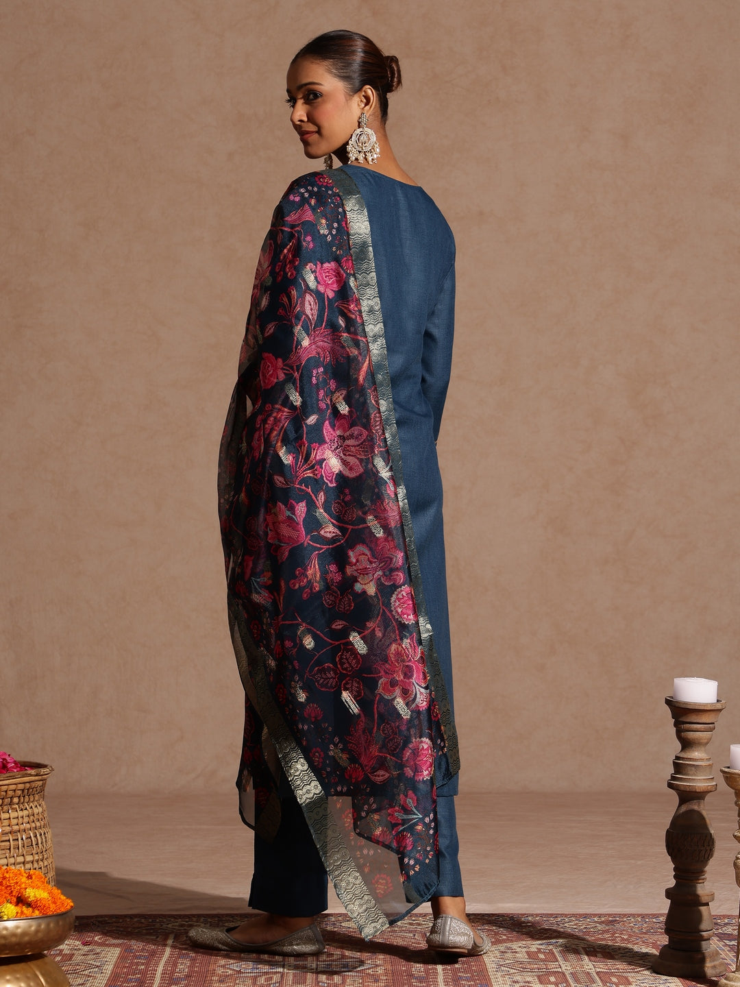 Janasya Women's Teal Blue Cotton Blend Yoke Design Straight Kurta Set With Printed Dupatta