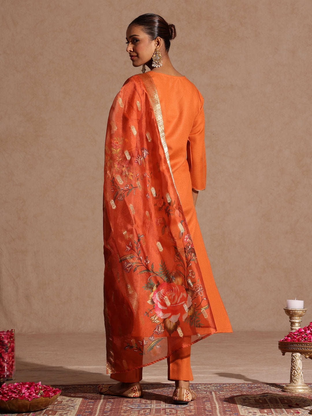 Janasya Women's Orange Cotton Blend Yoke Design Straight Kurta Set With Printed Dupatta