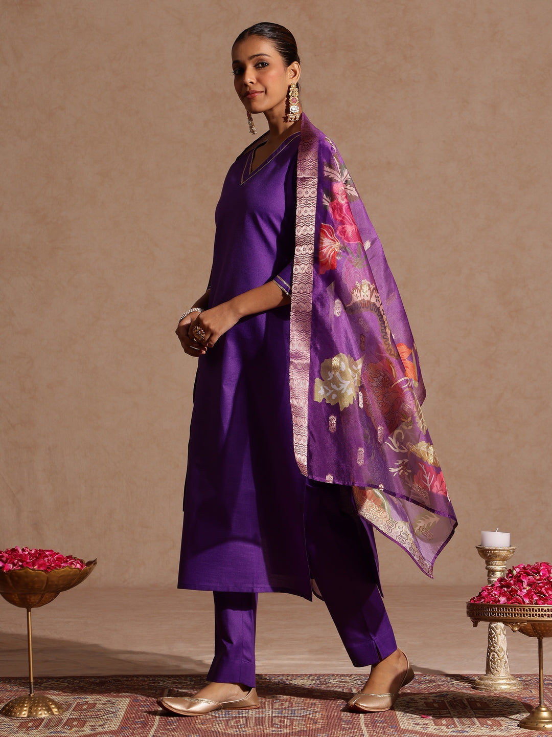 Janasya Women's Purple Cotton Blend Yoke Design Straight Kurta Set With Printed Jacquard Dupatta