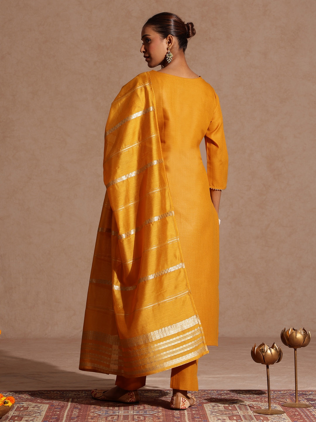 Janasya Women's Mustard Cotton Blend Yoke Design Straight Kurta Set