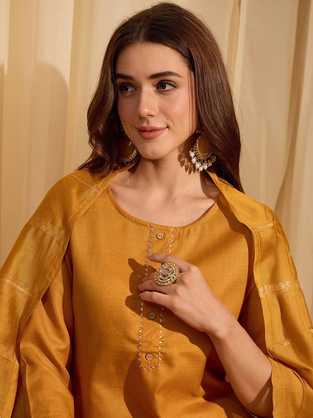 Janasya Women's Mustard Cotton Blend Yoke Design Straight Kurta Set with Jacquard Dupatta