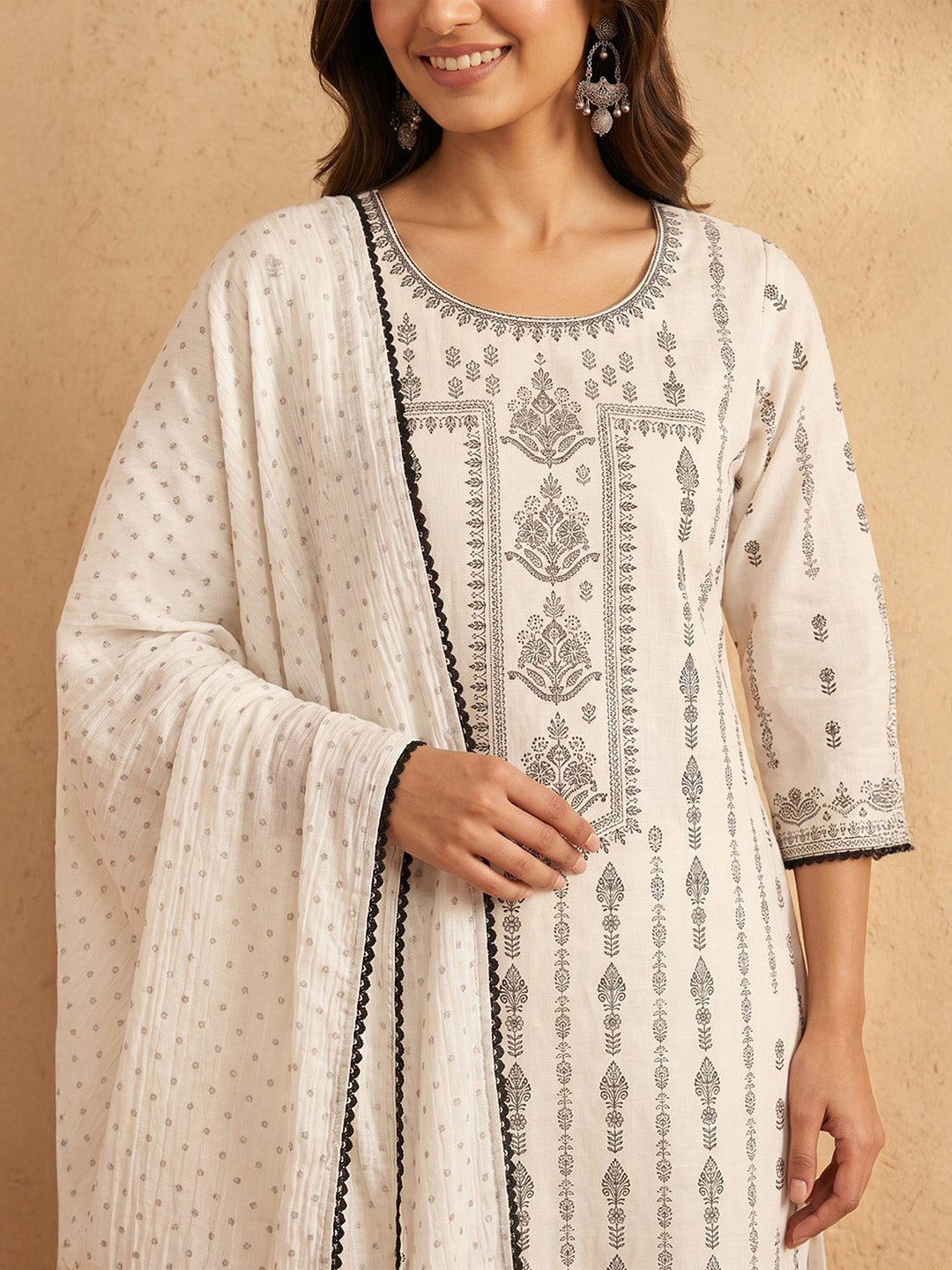 Janasya Women's White Silk Blend Ethnic Printed Straight Kurta Set