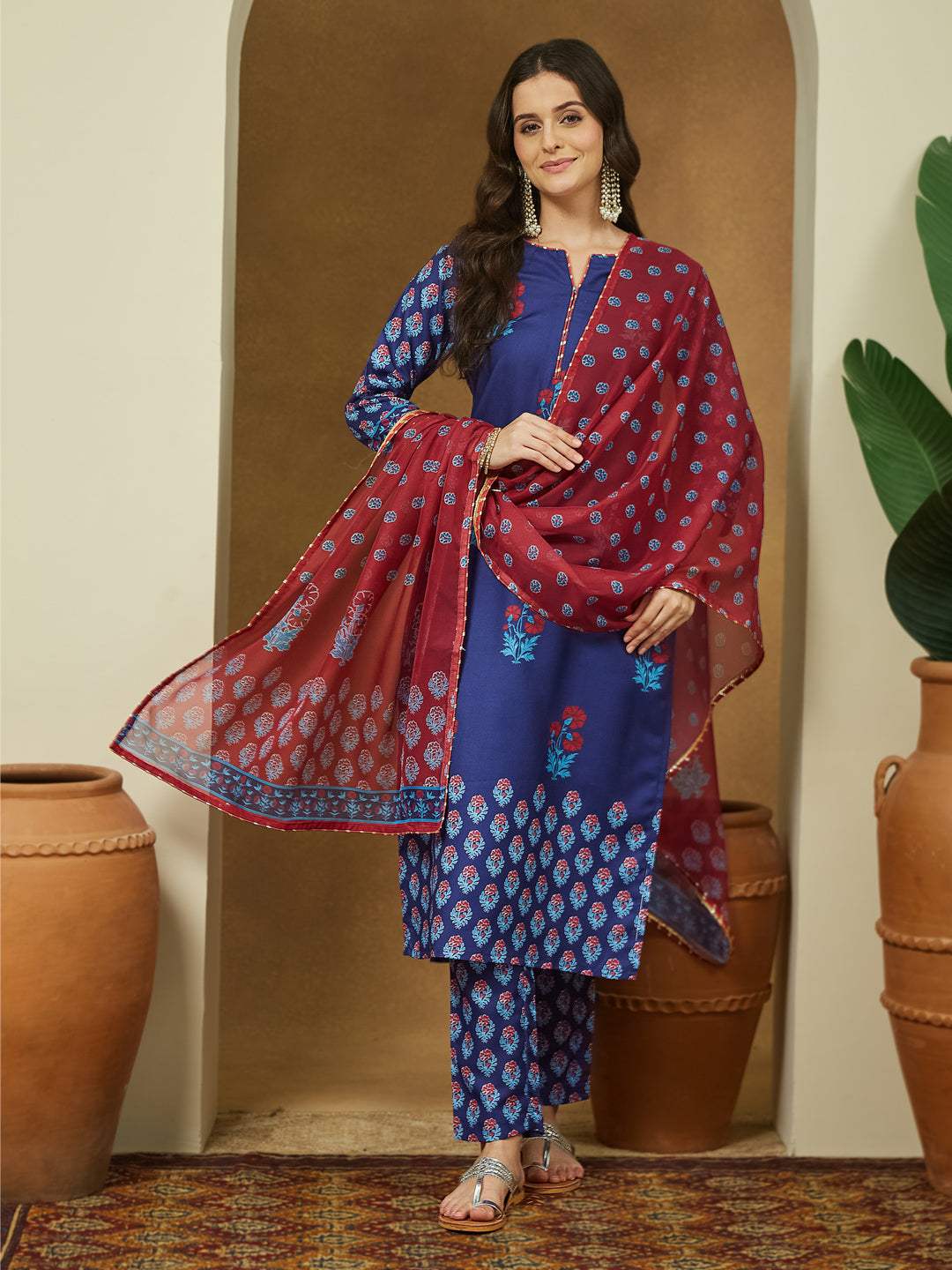 Janasya Purple Cotton Blend Printed Straight Kurta Set