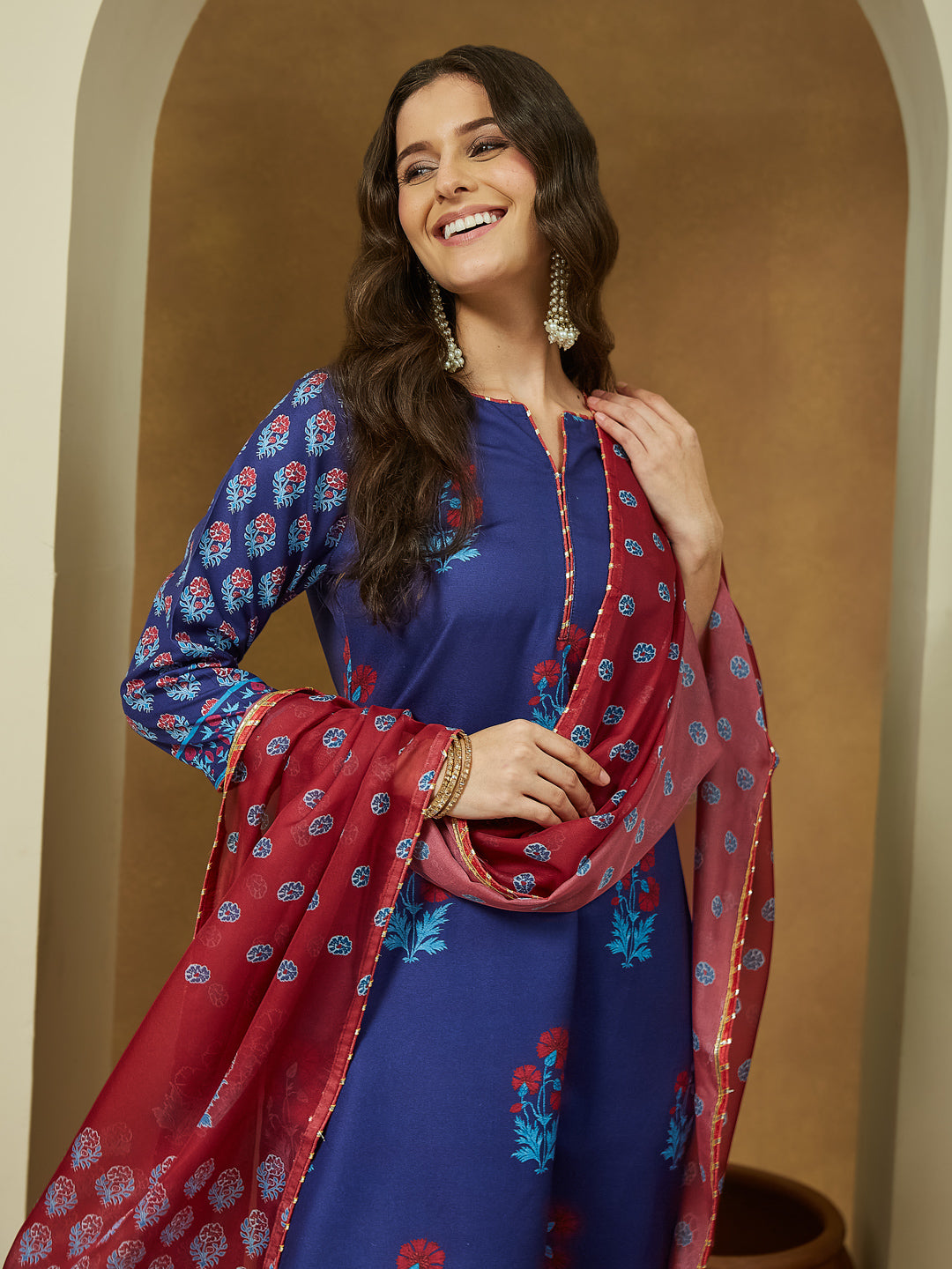 Janasya Women's Purple Cotton Blend Printed Straight Kurta Set