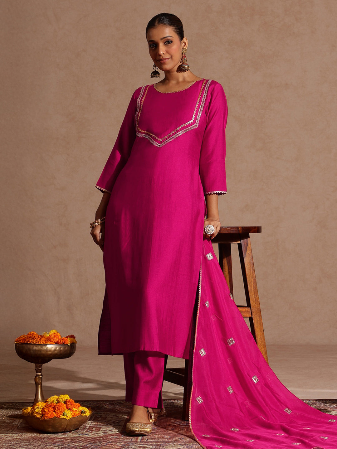 Janasya Women's Pink Silk Blend Embellished Yoke Design Straight Kurta Set