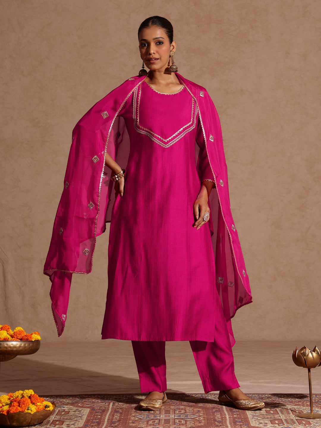 Janasya Women's Pink Silk Blend Embellished Yoke Design Straight Kurta Set