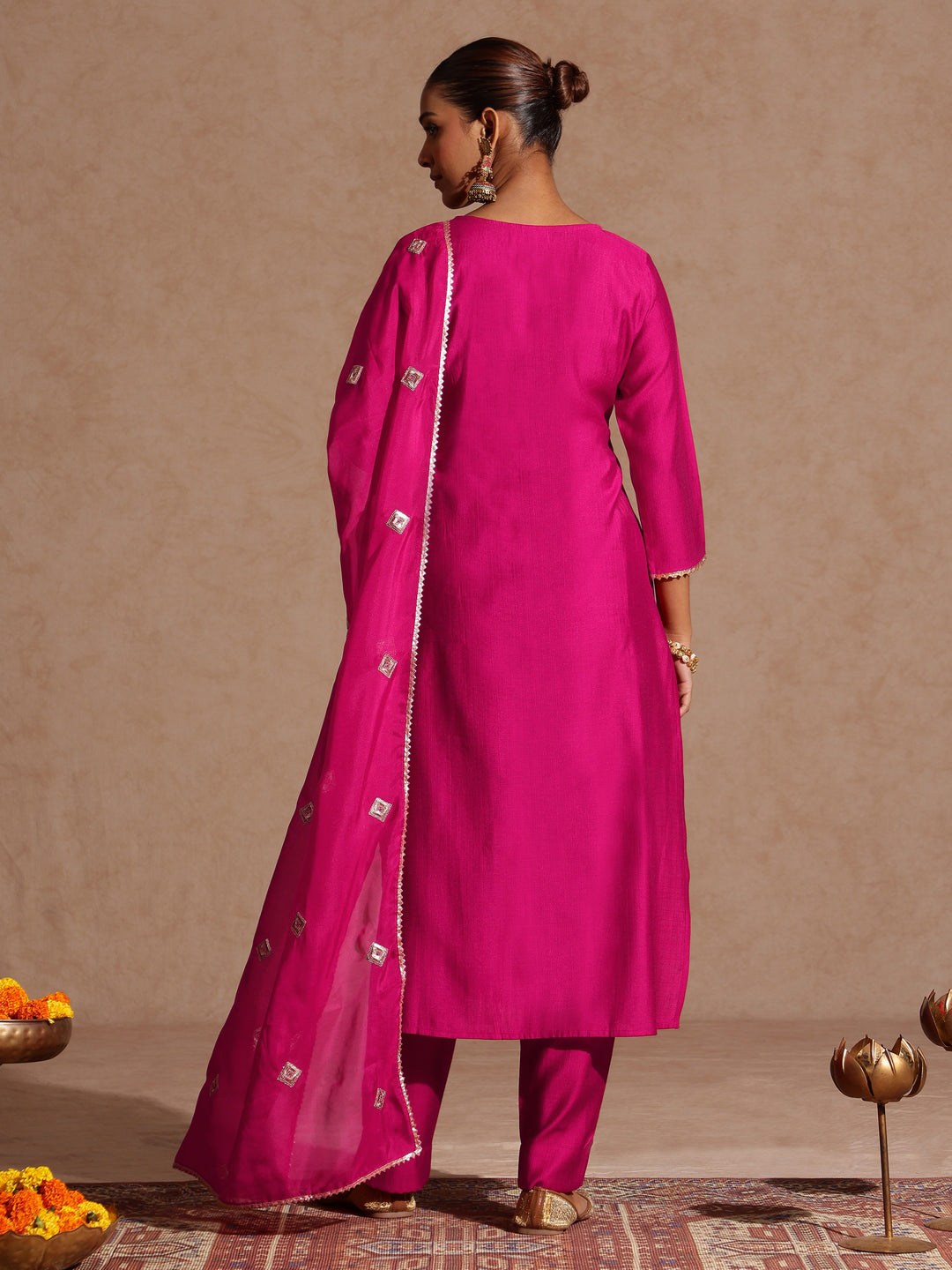 Janasya Women's Pink Silk Blend Embellished Yoke Design Straight Kurta Set