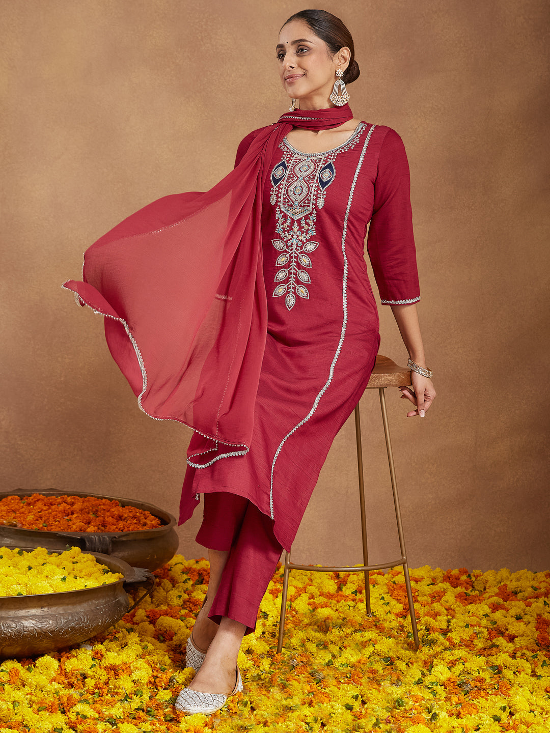 Janasya Women's Maroon Silk Blend Embroidered Straight Kurta Set