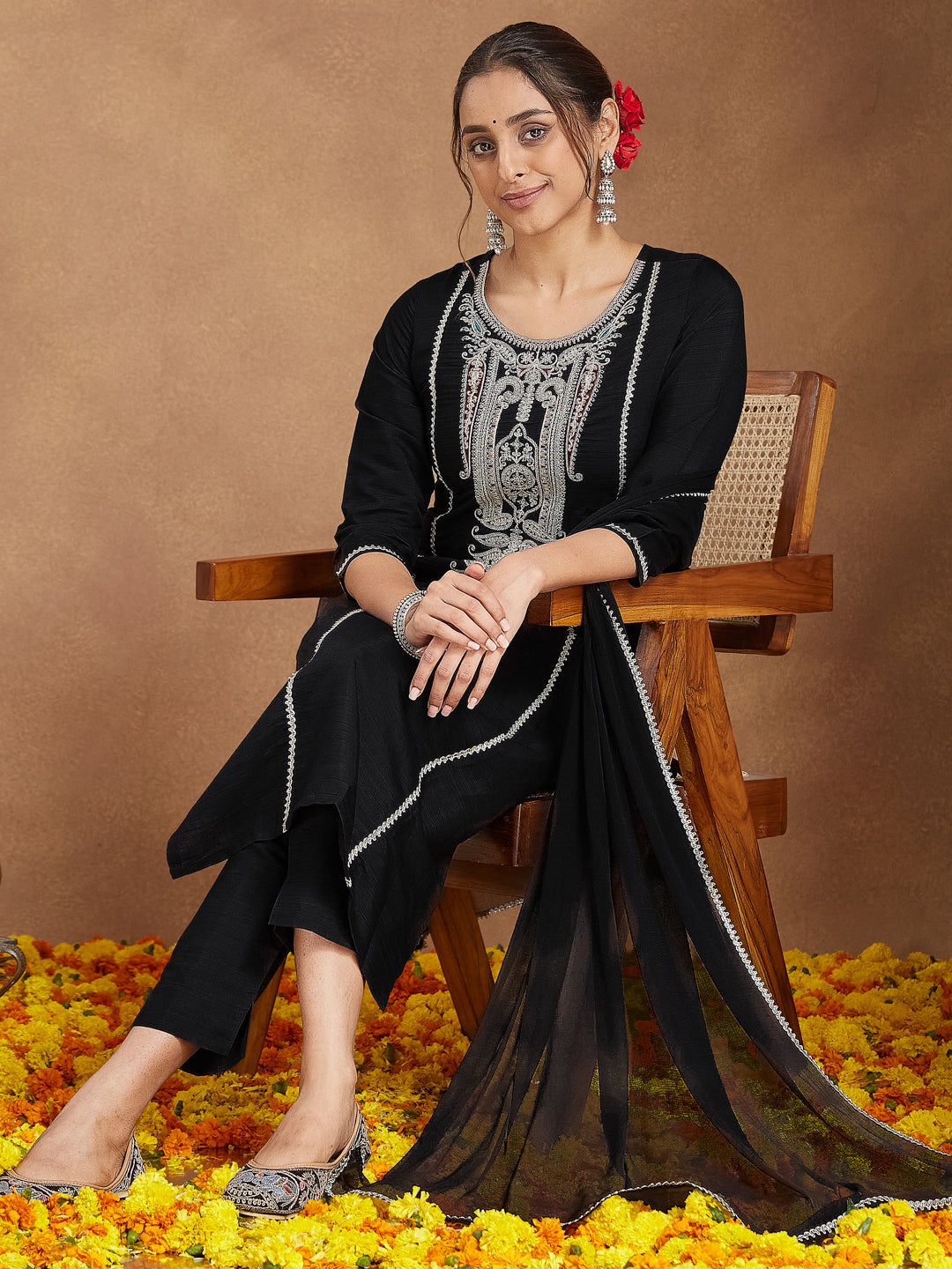 Janasya Women's Black Silk Blend Embroidered Straight Kurta Set