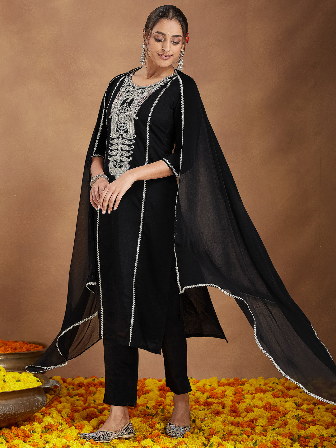 Janasya Women's Black Silk Blend Embroidered Straight Kurta Set