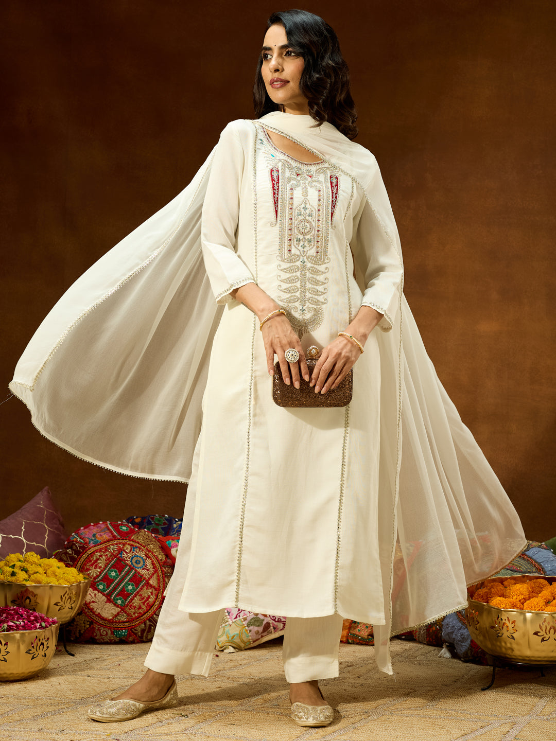 Janasya Women's White Silk Blend Embroidered Straight Kurta Set