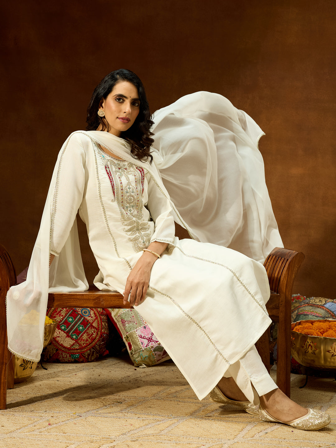 Janasya Women's White Silk Blend Embroidered Straight Kurta Set