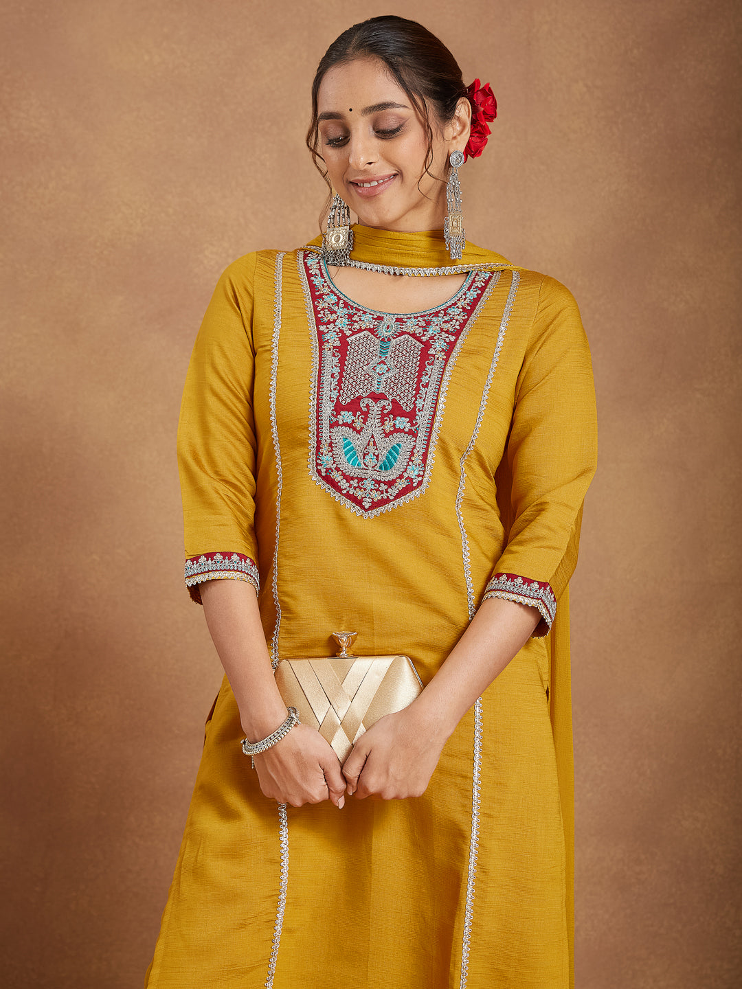 Janasya Women's Mustard Silk Blend Embroidered Straight Kurta Set
