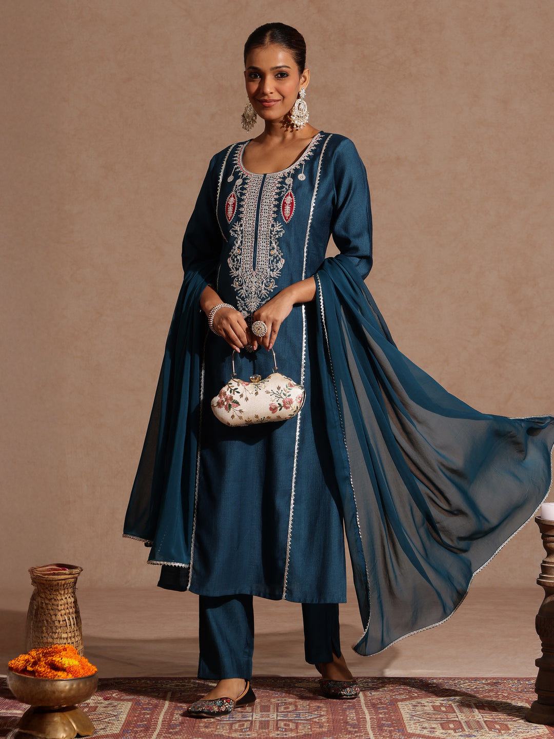 Janasya Women's Teal Blue Silk Blend Embroidered Straight Kurta Set
