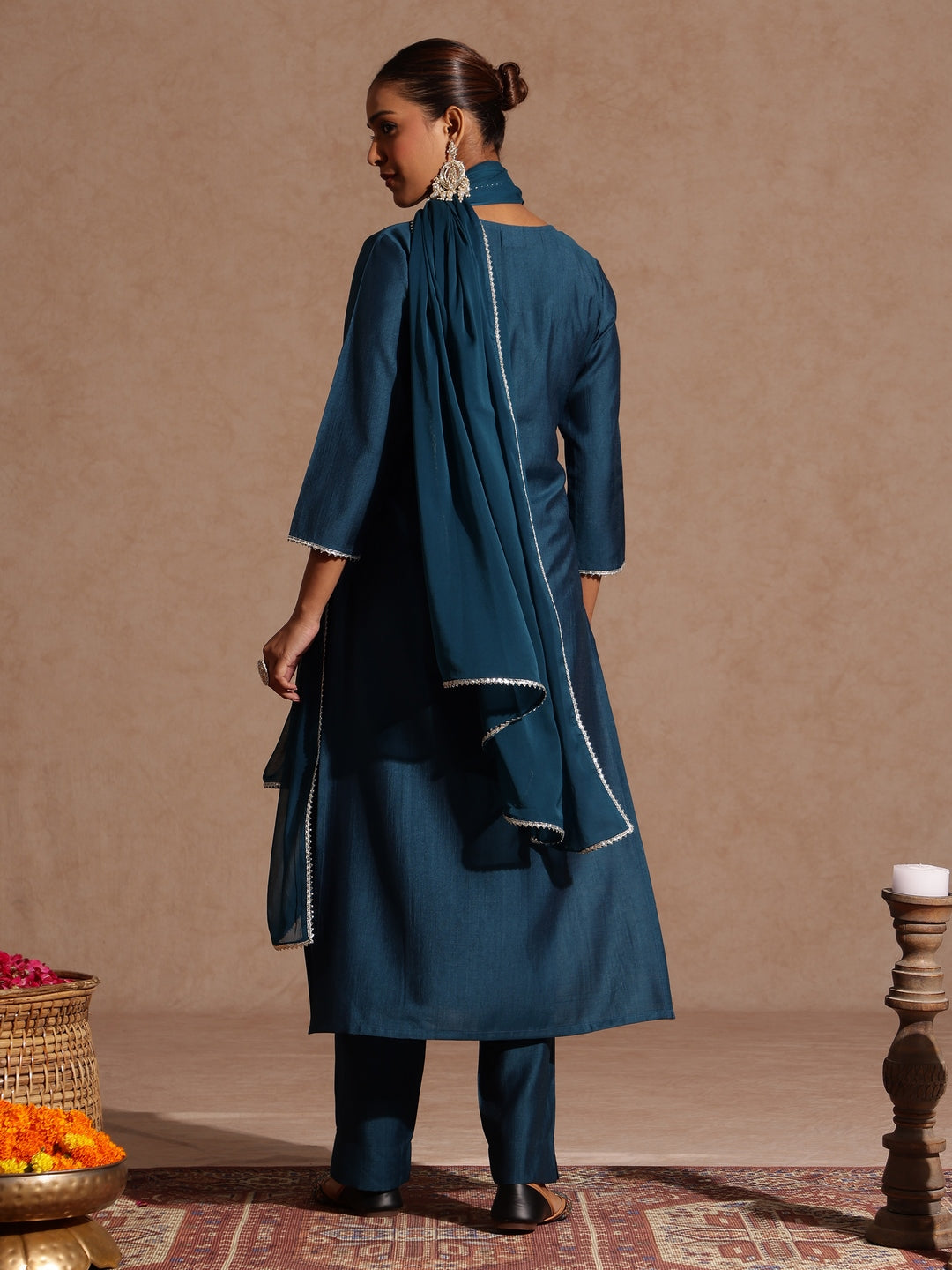Janasya Women's Teal Blue Silk Blend Embroidered Straight Kurta Set