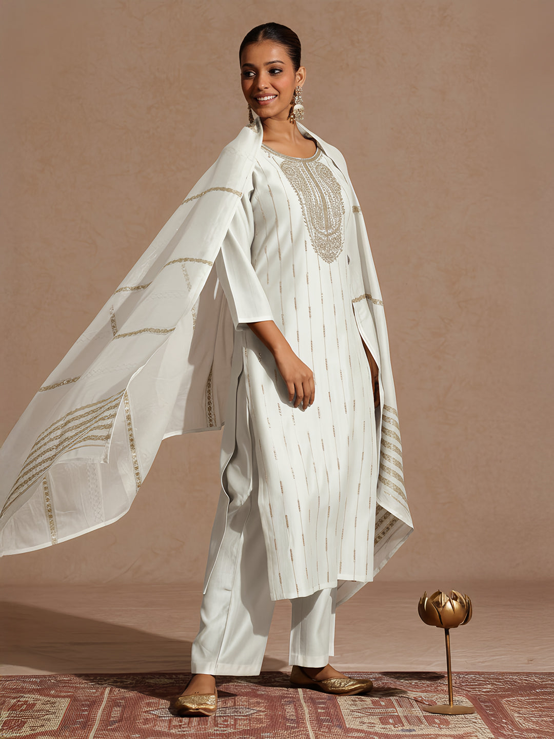 Janasya Women's Off White Silk Blend Embellished Zari Embroidered Straight Kurta Set