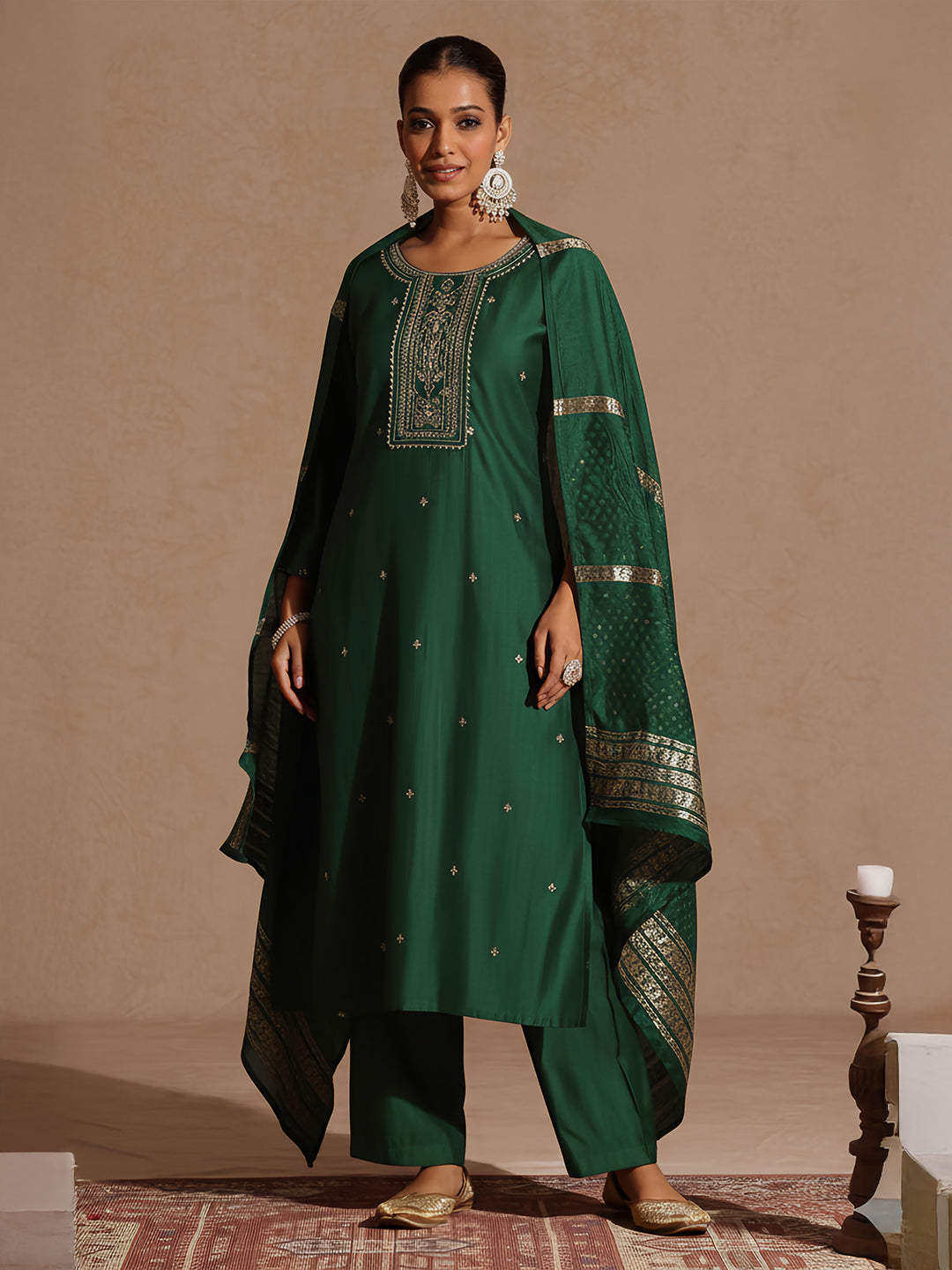 Janasya Women's Bottle Green Silk Blend Embroidered Straight Kurta Set