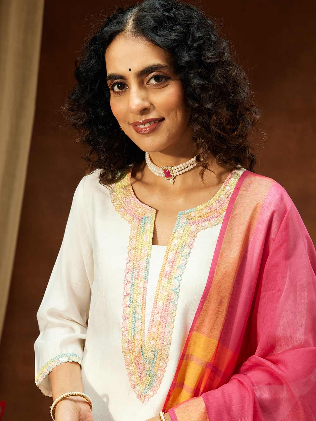 Janasya Women's Off White Silk Blend Embellished Straight Kurta Set