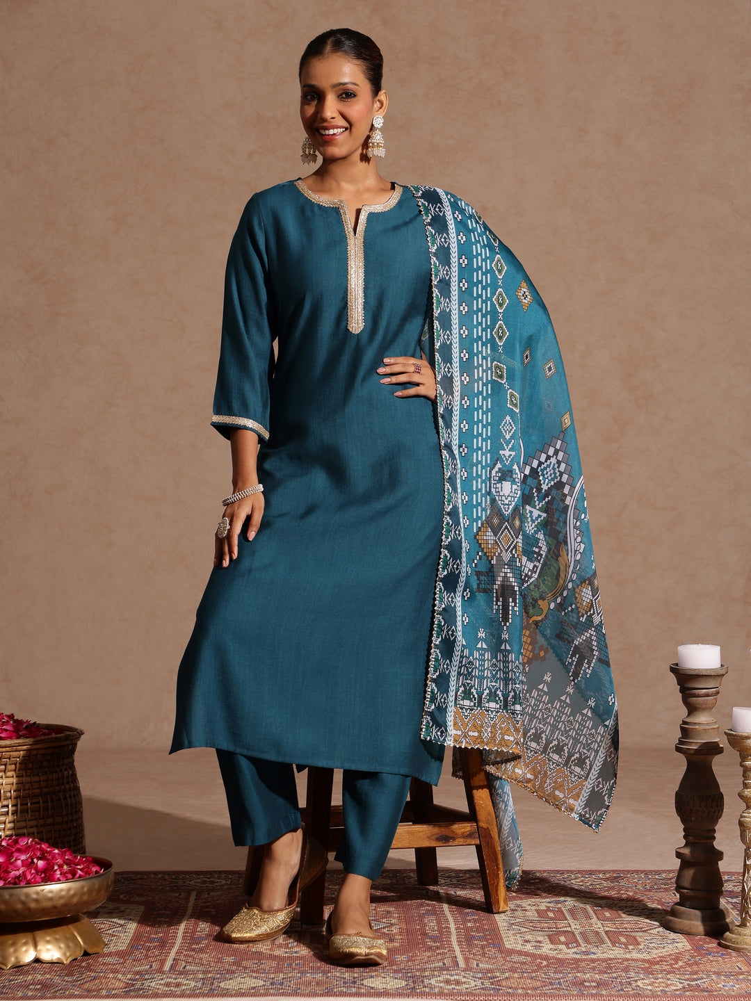 Janasya Women's Teal Blue Silk Blend Yoke Design Straight Kurta Set With Printed Jacquard Dupatta