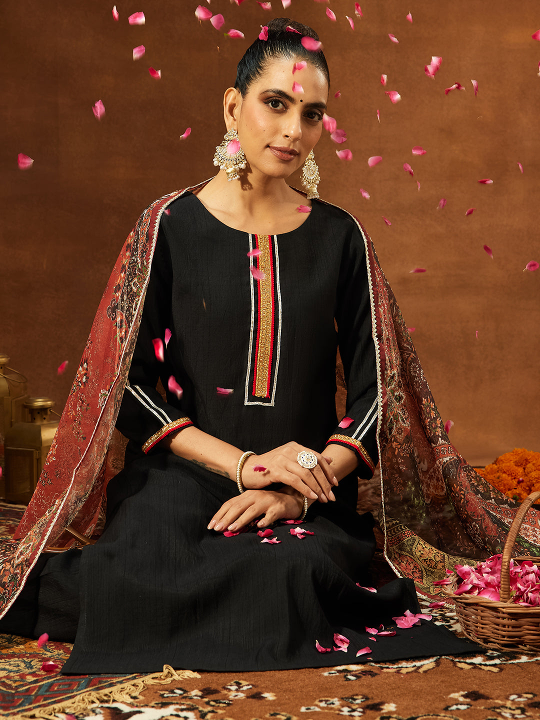 Janasya Women's Black Silk Blend Embellished Straight Kurta Set