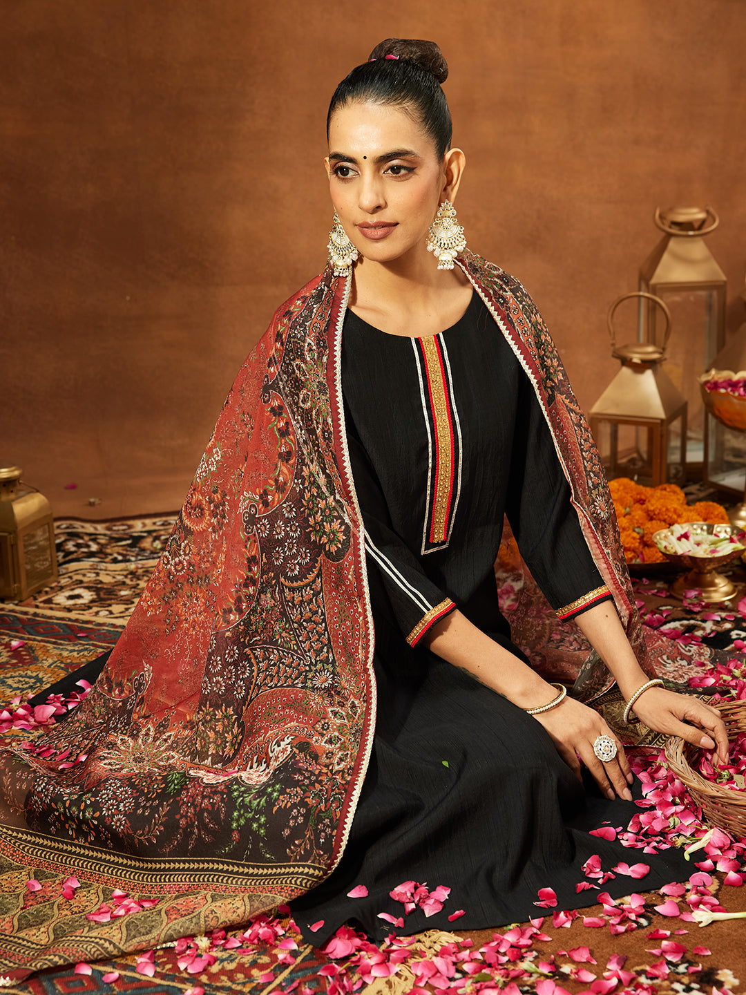 Janasya Women's Black Silk Blend Embellished Straight Kurta Set