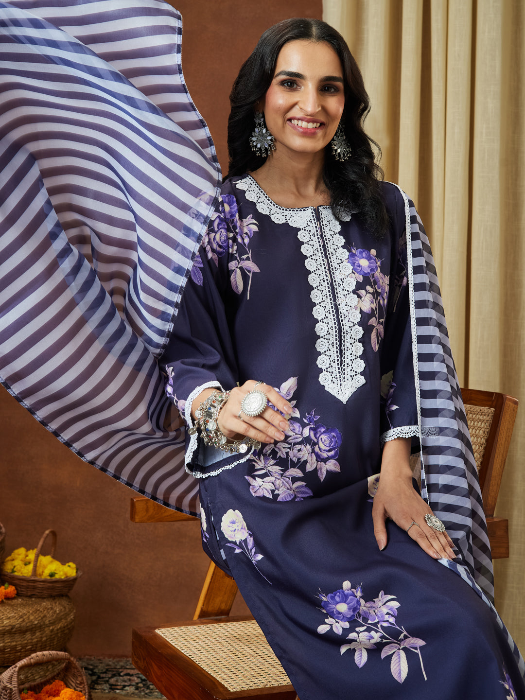 Janasya Women's Purple Cotton Blend Floral Printed Straight Kurta Set