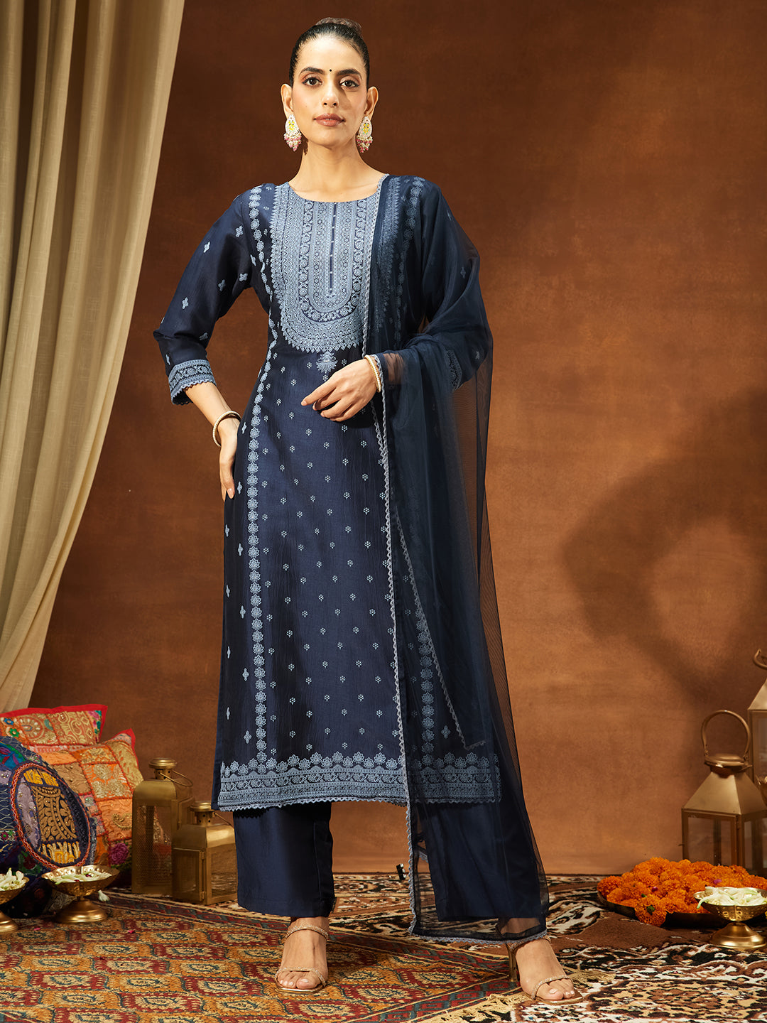 Janasya Women's Navy Blue Silk Blend Ethnic Printed Straight Kurta Set