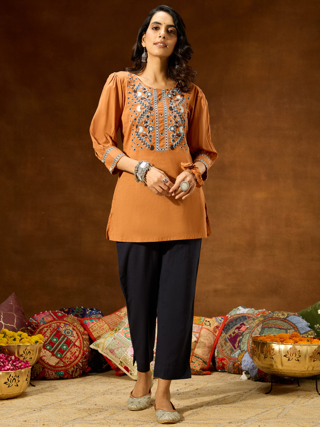 Janasya Women's Brown Pure Cotton Embroidered Straight Short Kurti