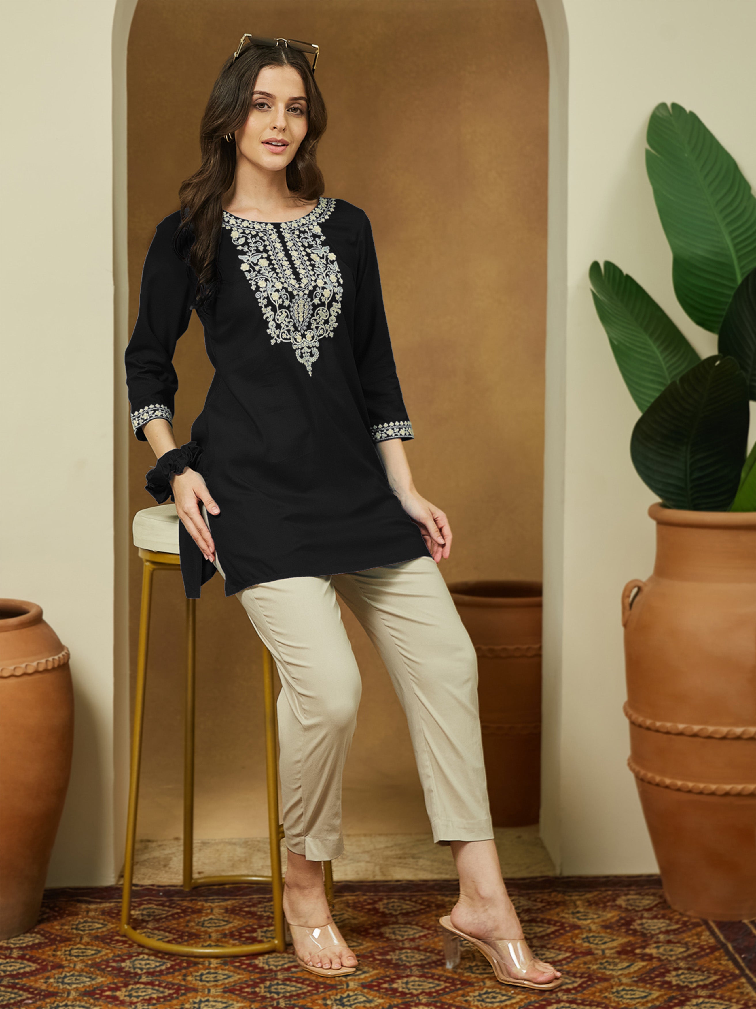 Janasya Women's Black Rayon Embroidered Straight Short Kurti