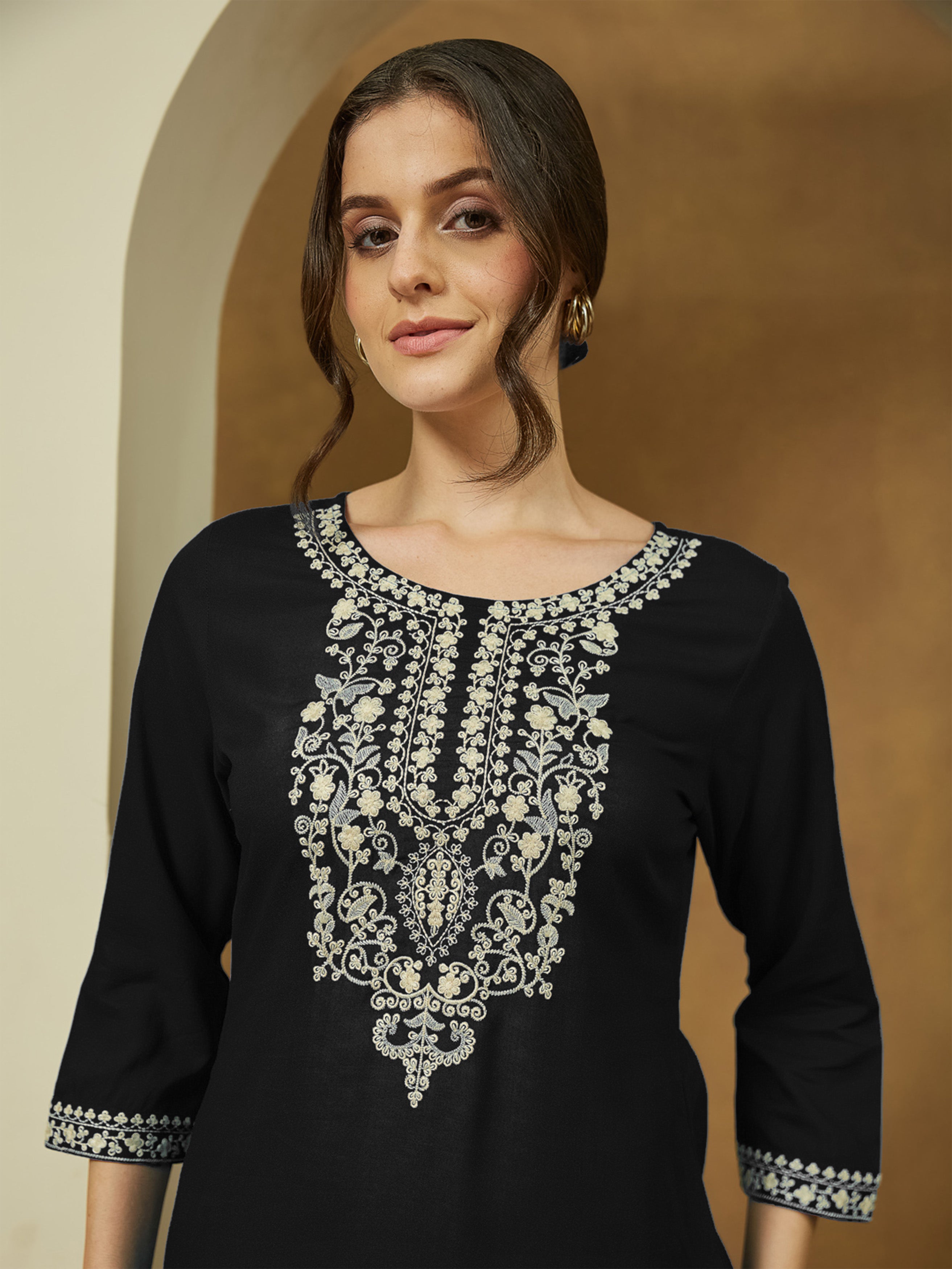 Janasya Women's Black Rayon Embroidered Straight Short Kurti
