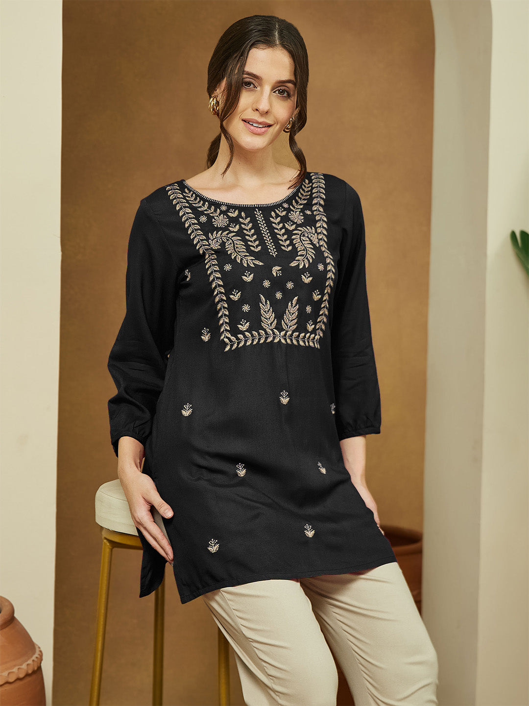 Janasya Women's Black Rayon Embroidered Straight Short Kurti