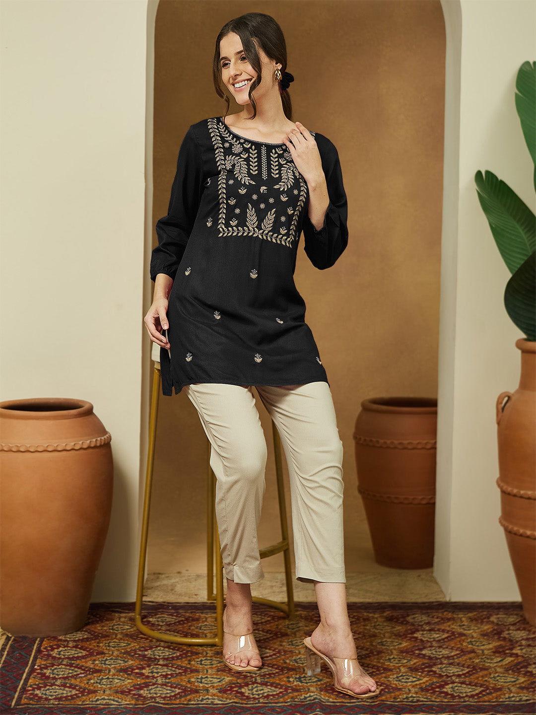Janasya Women's Black Rayon Embroidered Straight Short Kurti