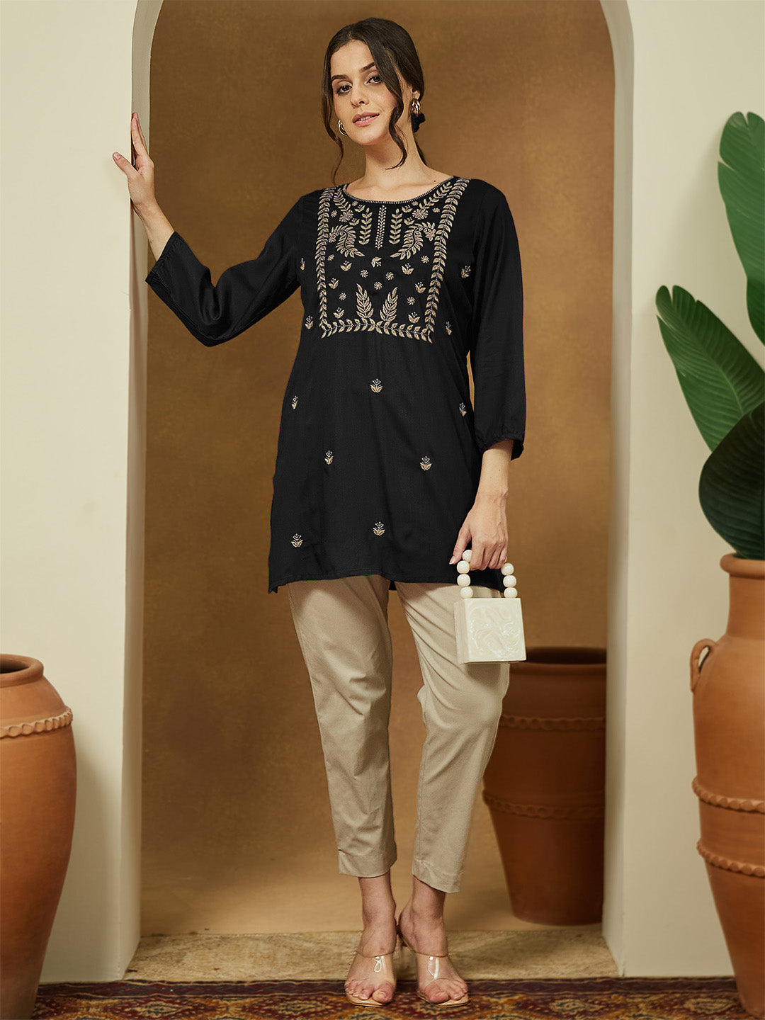Janasya Women's Black Rayon Embroidered Straight Short Kurti