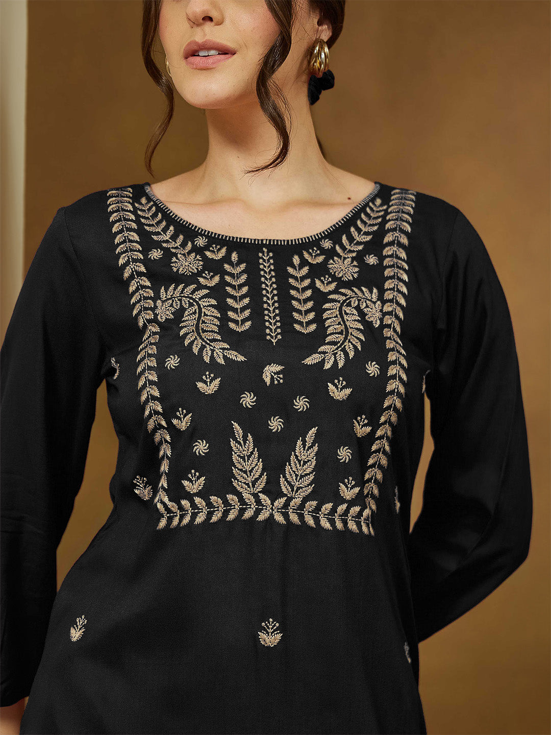 Janasya Women's Black Rayon Embroidered Straight Short Kurti
