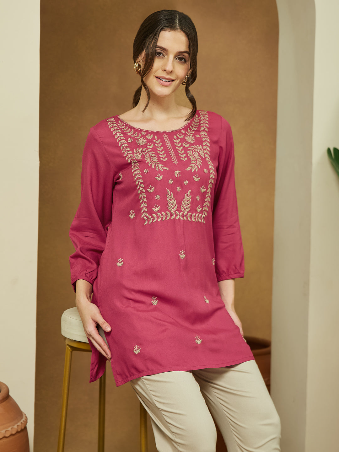 Janasya Women's Magenta Pink Rayon Embroidered Straight Short Kurti