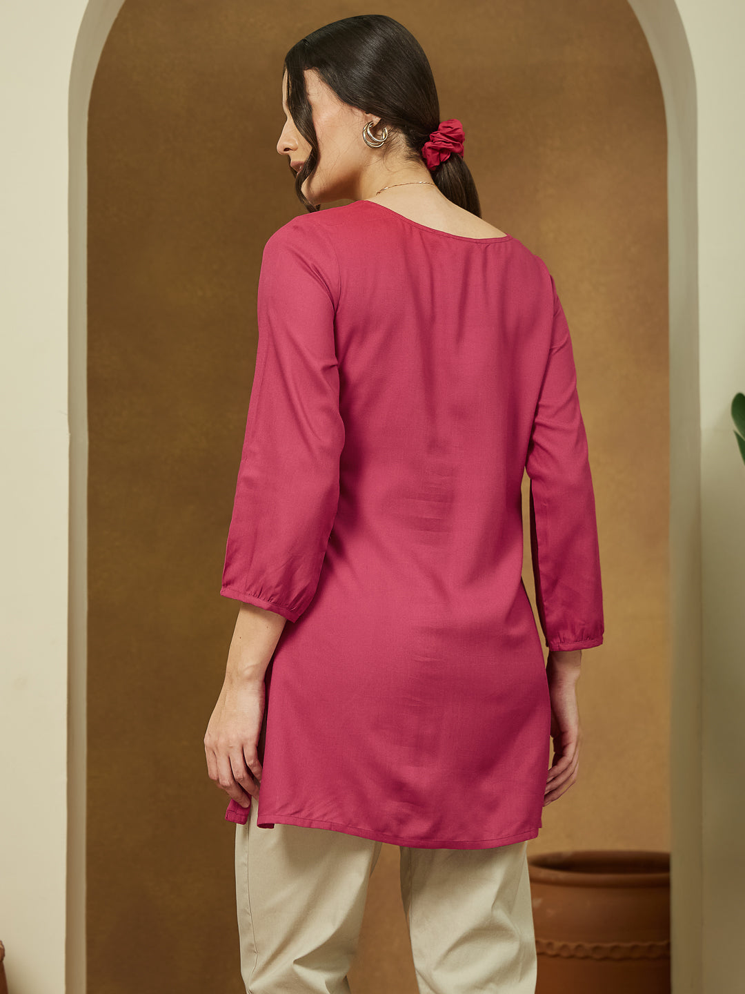 Janasya Women's Magenta Pink Rayon Embroidered Straight Short Kurti