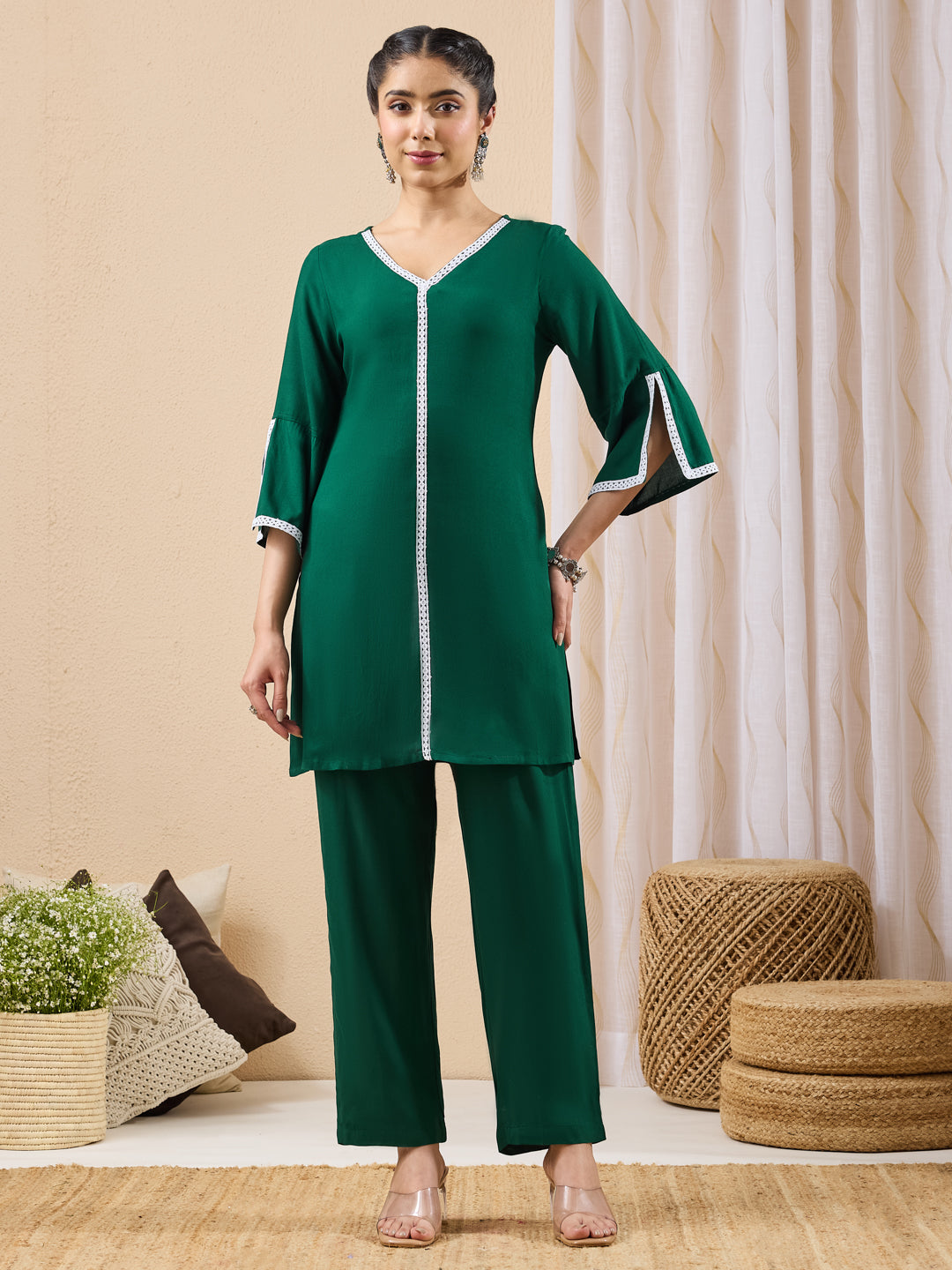 Janasya Women's Green Rayon Solid Straight Co-ord Set