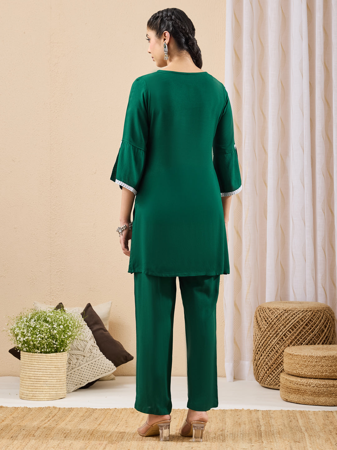 Janasya Women's Green Rayon Solid Straight Co-ord Set