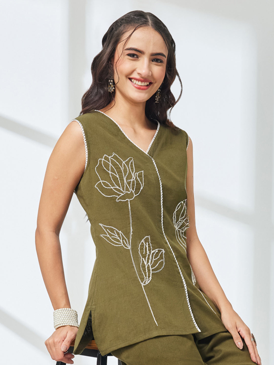 Janasya Women's Olive Linen Cotton Embroidered Straight Co-Ord Set