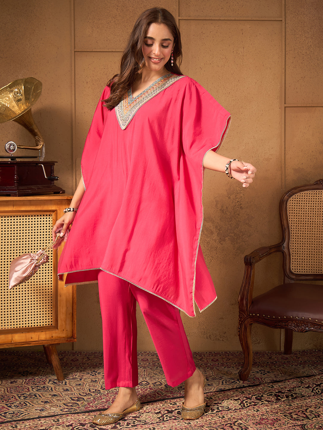 Janasya Women's Pink Silk Blend Embroidered Kaftan Co-Ord Set