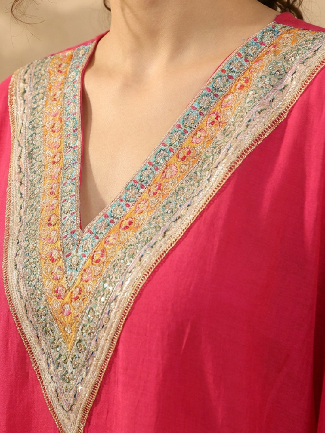 Janasya Women's Pink Silk Blend Embroidered Kaftan Co-Ord Set