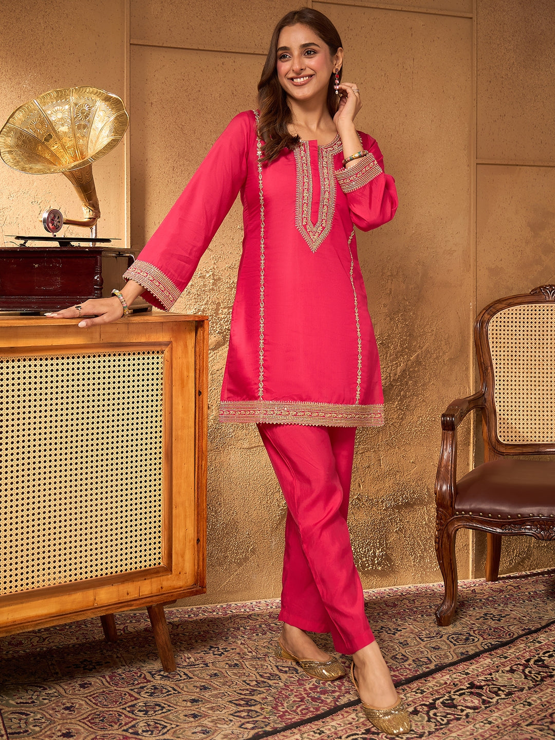 Janasya Women's Pink Silk Blend Embroidered A-Line Co-Ord Set