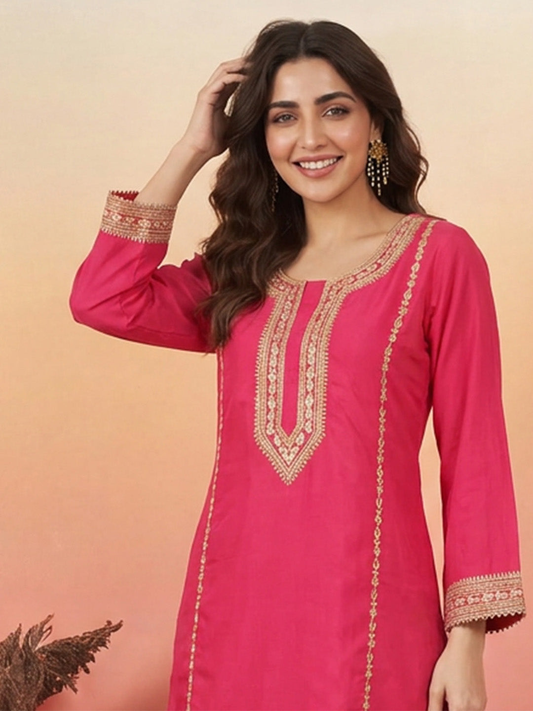 Janasya Women's Pink Silk Blend Embroidered A-Line Co-Ord Set