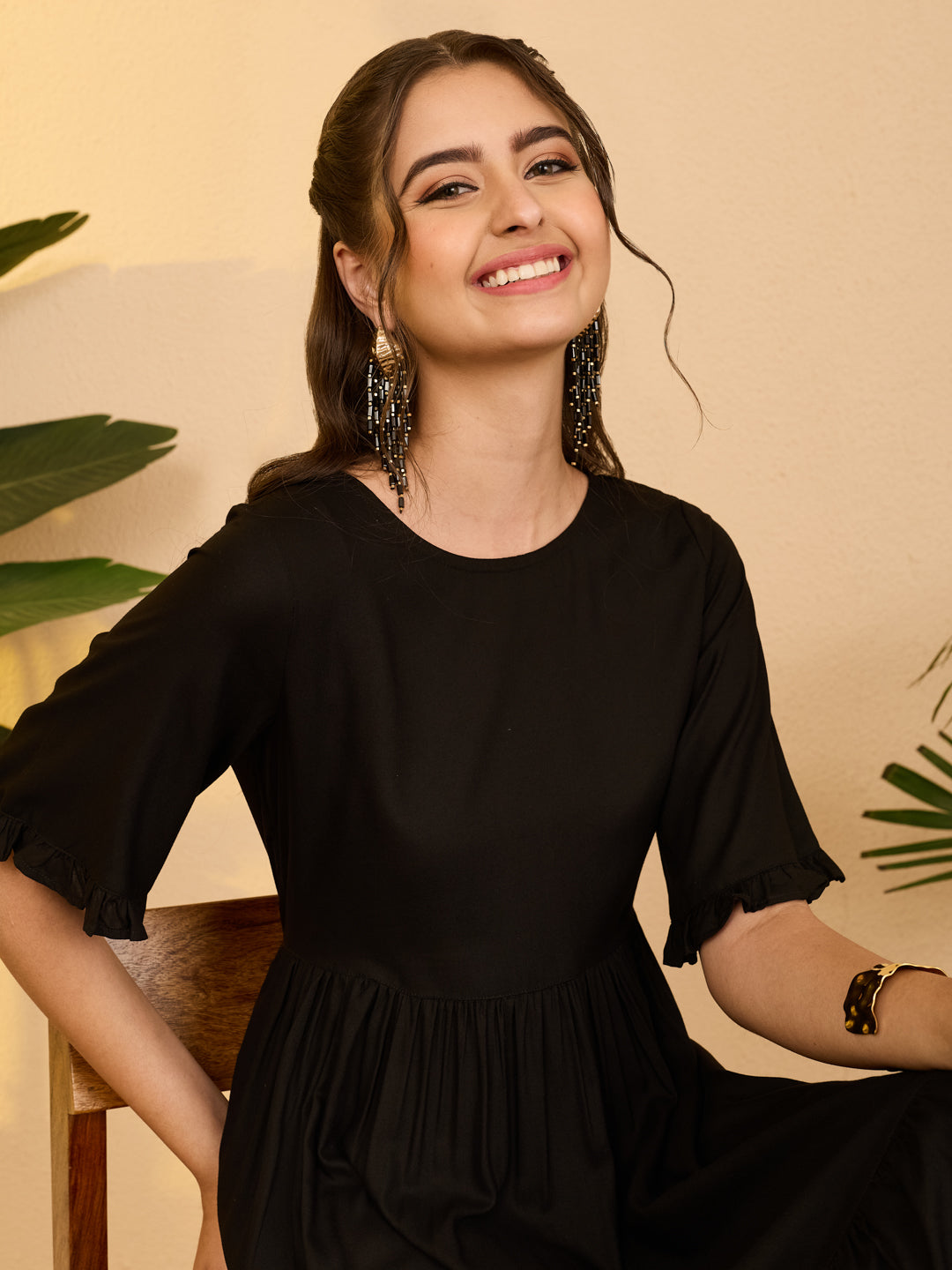 Janasya Women's Black Rayon Solid Gathered Dress