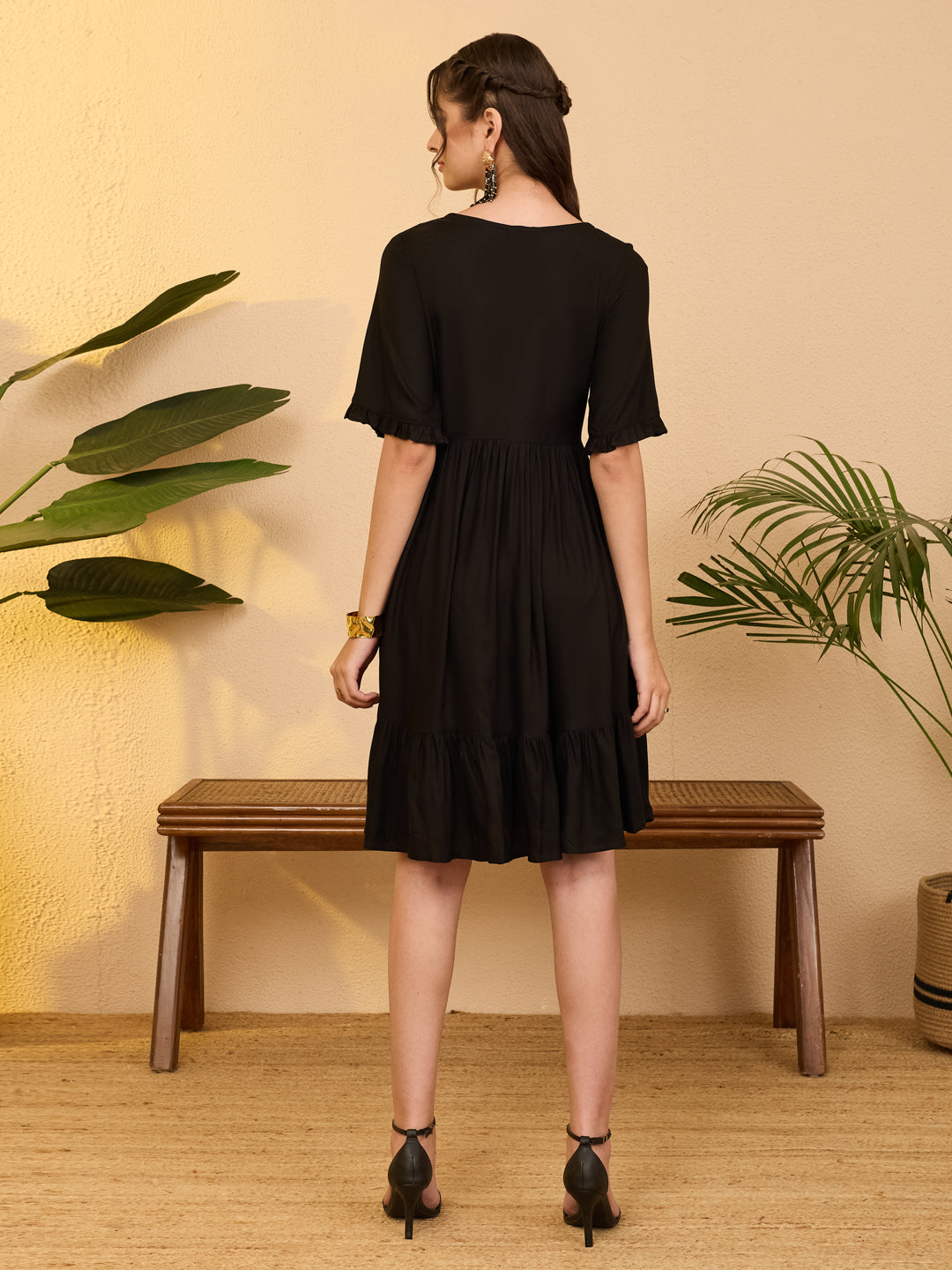 Janasya Women's Black Rayon Solid Gathered Dress